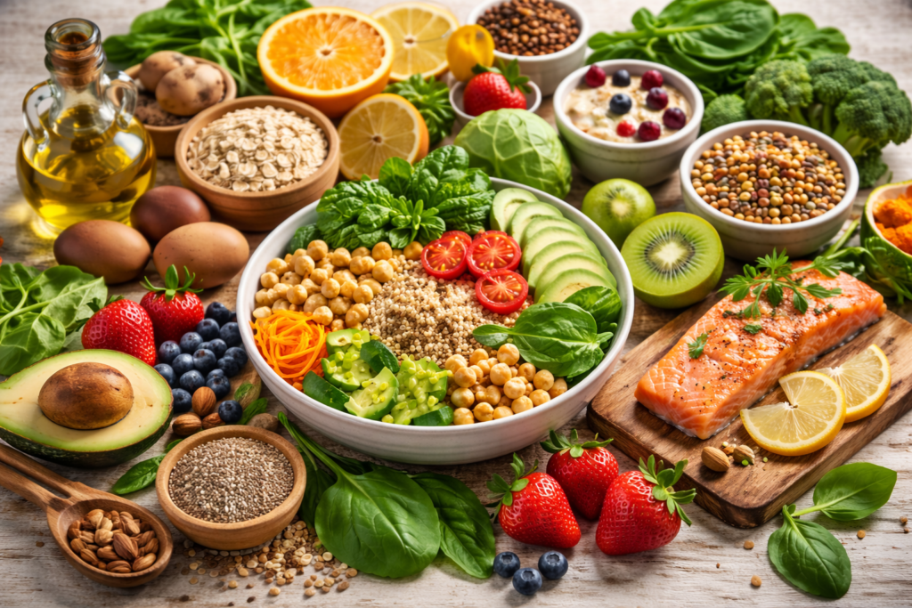 Nutritional growth supported by a balanced diet of fresh fruits, vegetables, and proteins