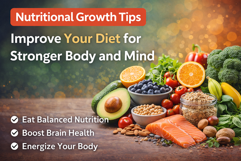 Nutritional growth tips showing healthy foods for improving diet and building a stronger body and mind