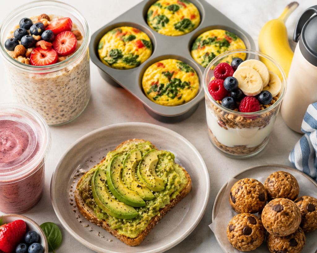 Overhead view of nutrient-dense breakfast ideas including overnight oats, avocado toast, yogurt parfait, egg muffins, smoothies, and healthy snacks for busy families