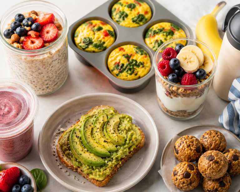 Overhead view of nutrient-dense breakfast ideas including overnight oats, avocado toast, yogurt parfait, egg muffins, smoothies, and healthy snacks for busy families