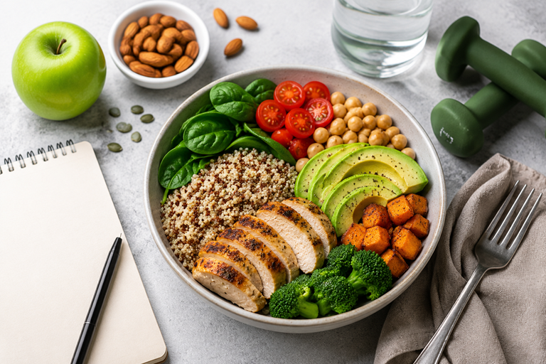 Healthy nutrition Buddha bowl with quinoa, vegetables, avocado, and protein-rich foods representing balanced diet and fitness meal planning