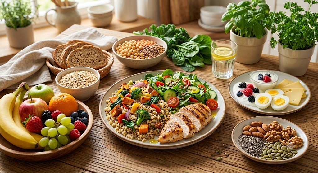 Balanced diet with vegetables, fruits, whole grains and protein-rich foods