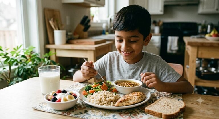 Child eating nutritious food to increase height and weight naturally through proper nutrition
