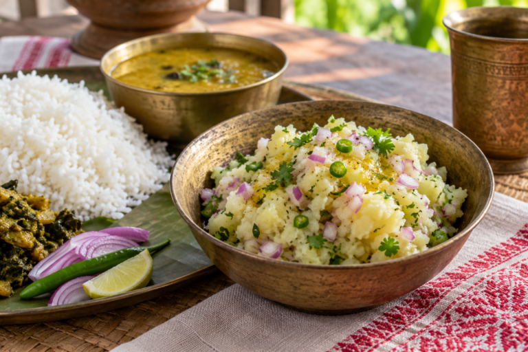 AI-generated illustration of aloo pitika with onion, chilli and coriander, served with rice and dal