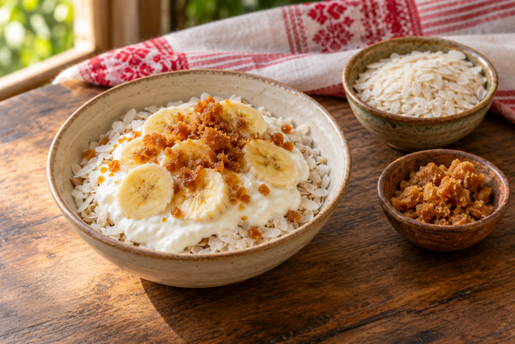 Assamese doi chira with curd, banana and jaggery in a bowl