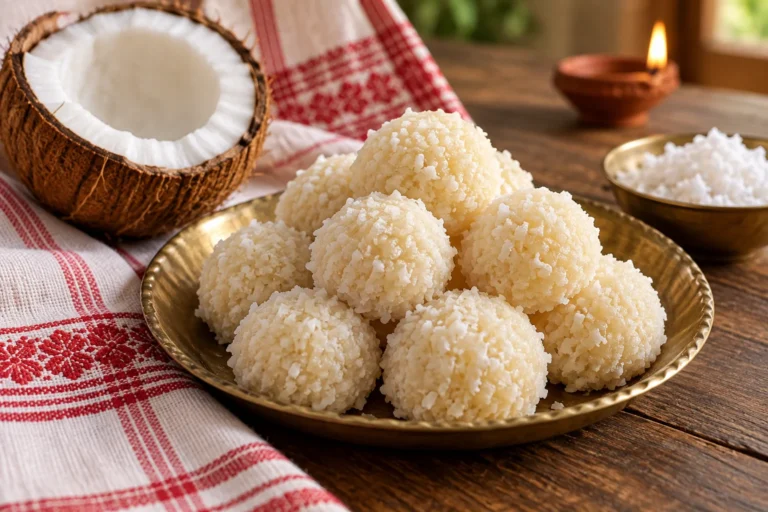 Assamese narikol laru coconut ladoos on a brass plate beside fresh coconut