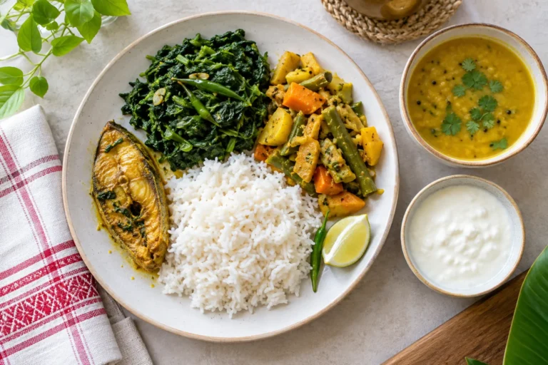 Assamese-style meal with rice, fish, leafy greens, mixed vegetables, dal, and plain curd