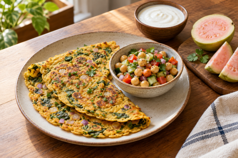 Vegetable besan chilla with cooked chickpea salad, plain curd and guava on a wooden breakfast table