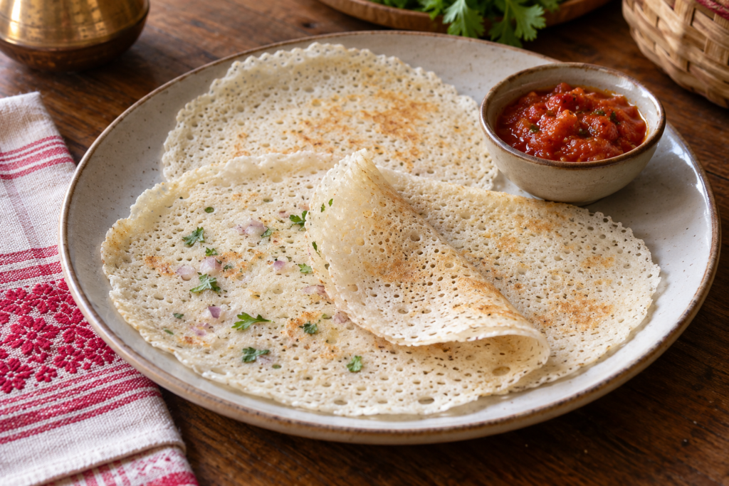 Thin Assamese kholasapori pitha rice-flour pancakes served with tomato chutney