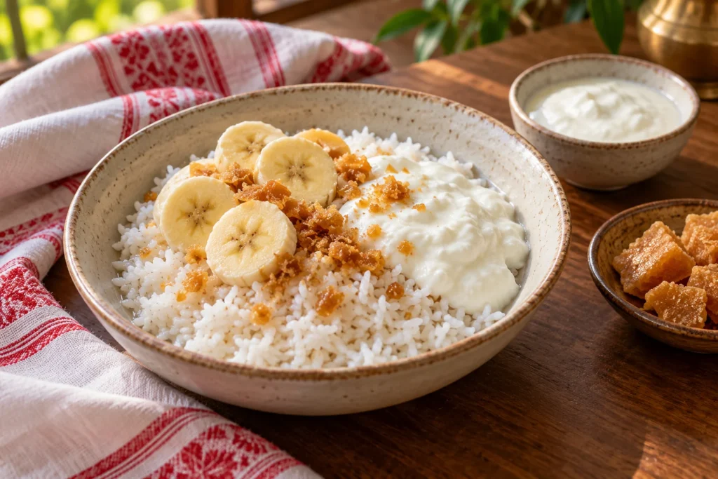 Komal Saul Jolpan with soft rice, plain curd, banana slices, and jaggery in a ceramic bowl