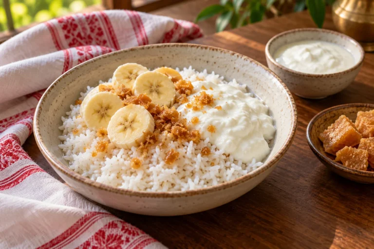 Komal Saul Jolpan with soft rice, plain curd, banana slices, and jaggery in a ceramic bowl