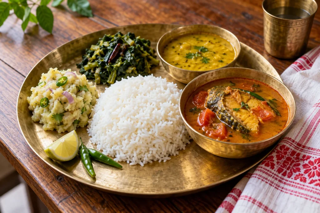 Traditional Assamese meal on a brass platter with rice, fish curry, aloo pitika, leafy greens, and dal