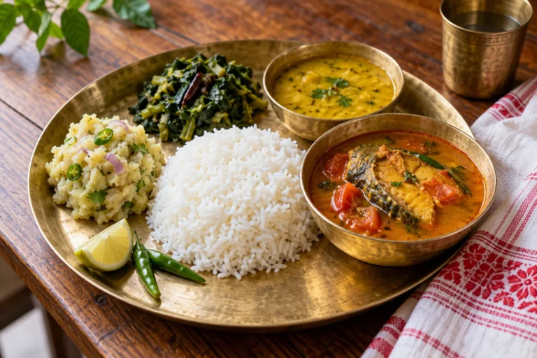 Traditional Assamese meal on a brass platter with rice, fish curry, aloo pitika, leafy greens, and dal